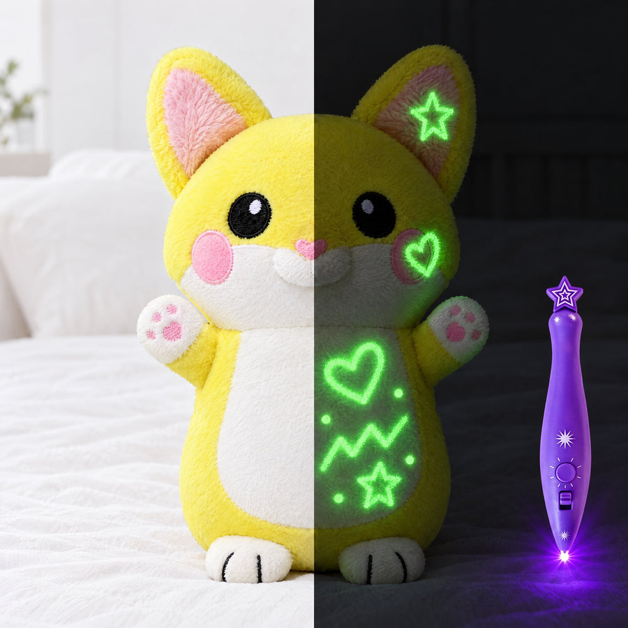 Yellow fox plush shown in daylight and in the dark, where the doodles drawn on it glow green
