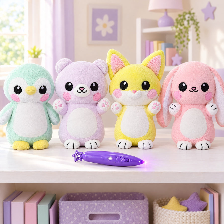 The four Glow Doodles plushies, penguin, bear, fox and bunny, on a shelf in daylight with the purple light pen