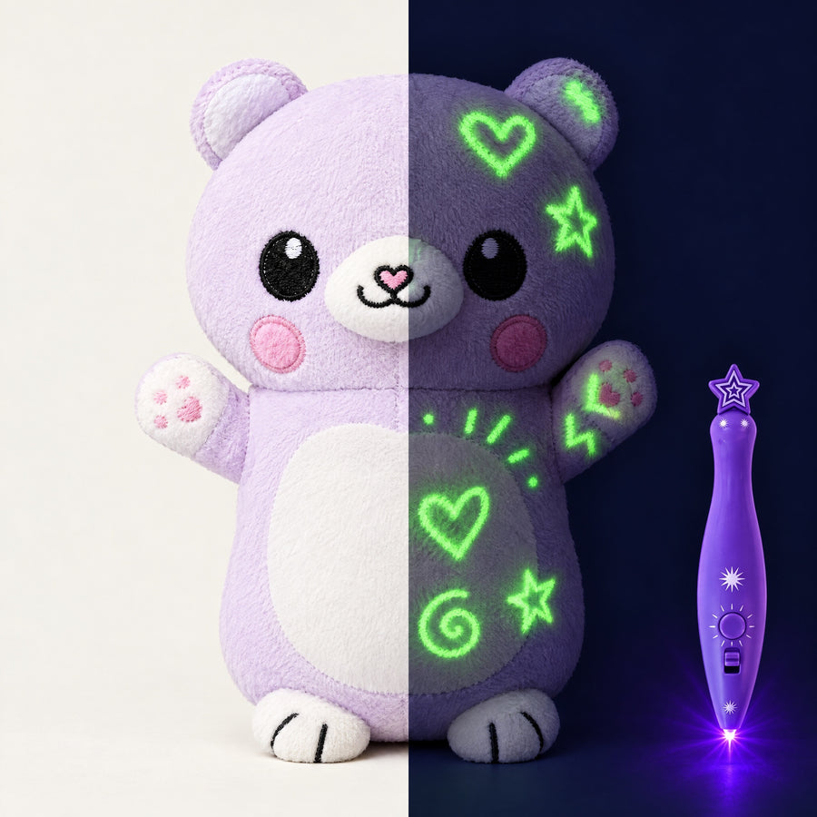 Lilac bear plush in daylight and in the dark with glowing green doodles, next to its purple light pen