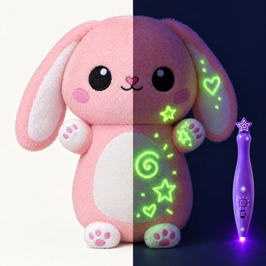 Pink bunny plush in daylight and in the dark with glowing green doodles, next to its purple light pen