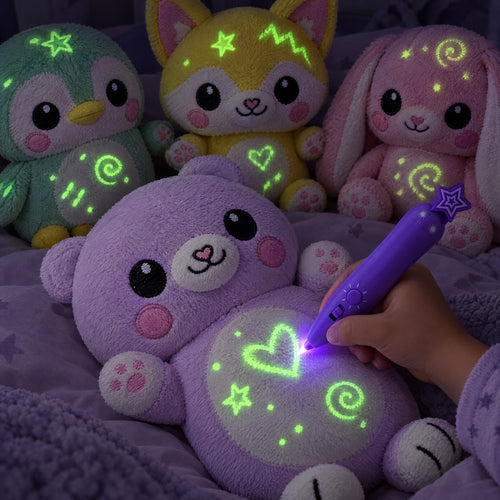 A child's hand drawing a glowing heart on the lilac bear plush with the purple light pen