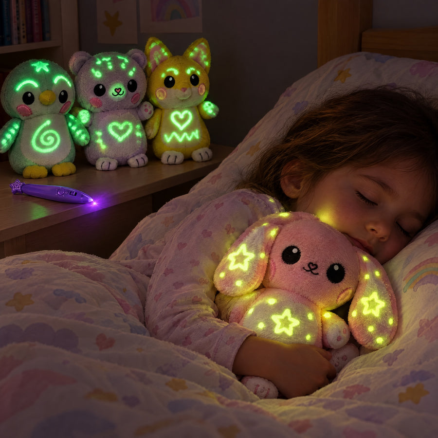 A child asleep in bed hugging the pink bunny plush, its glowing stars softly lighting the pillow