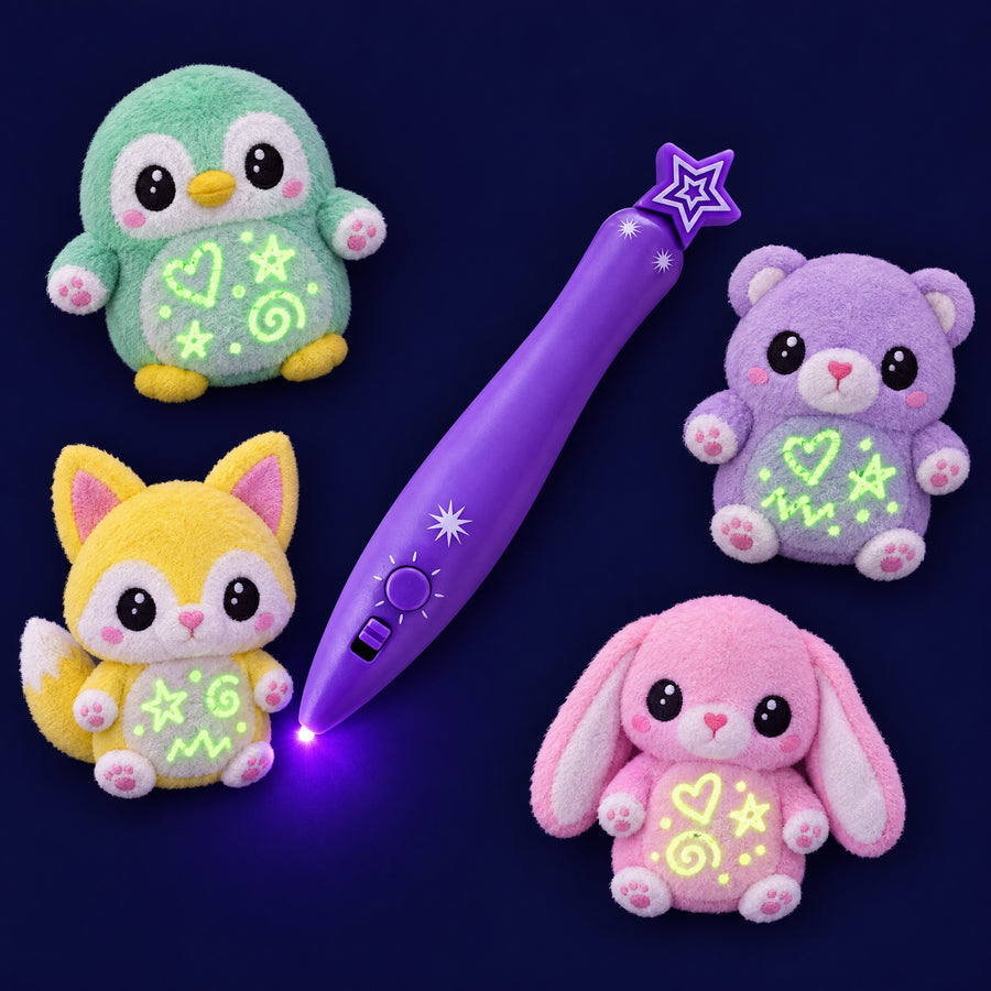 The four Glow Doodles plushies with glowing doodles around the purple light pen on a dark blue background