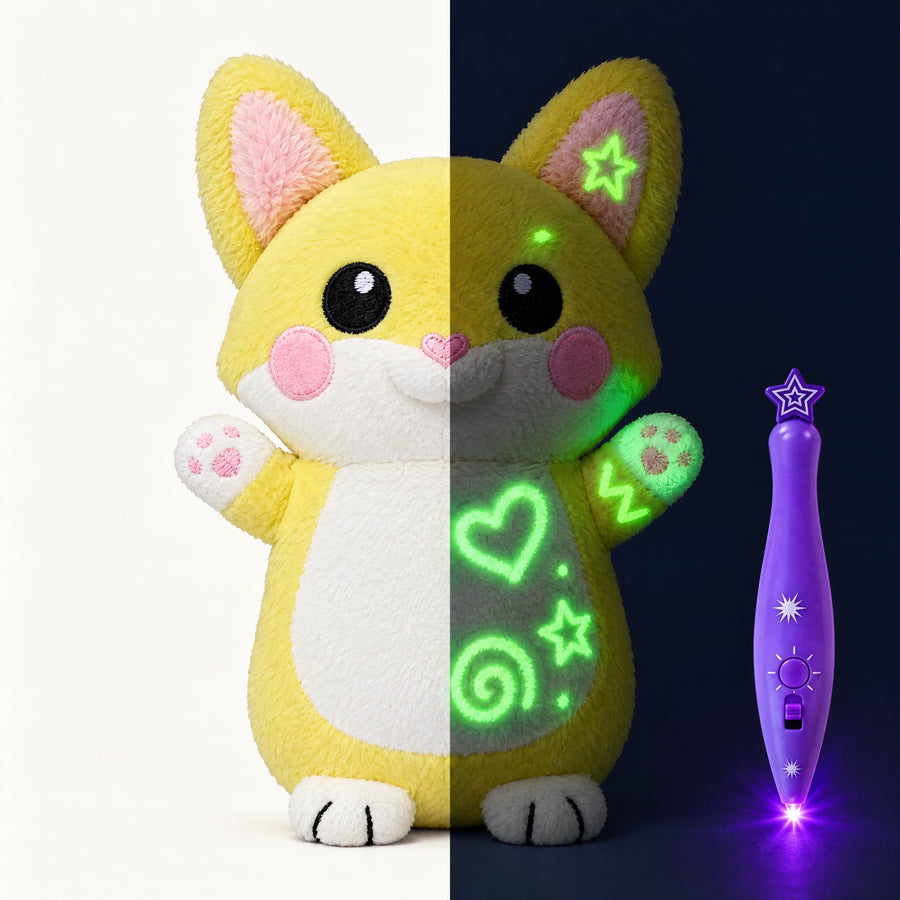 Yellow fox plush in daylight and in the dark with glowing green doodles, next to its purple light pen