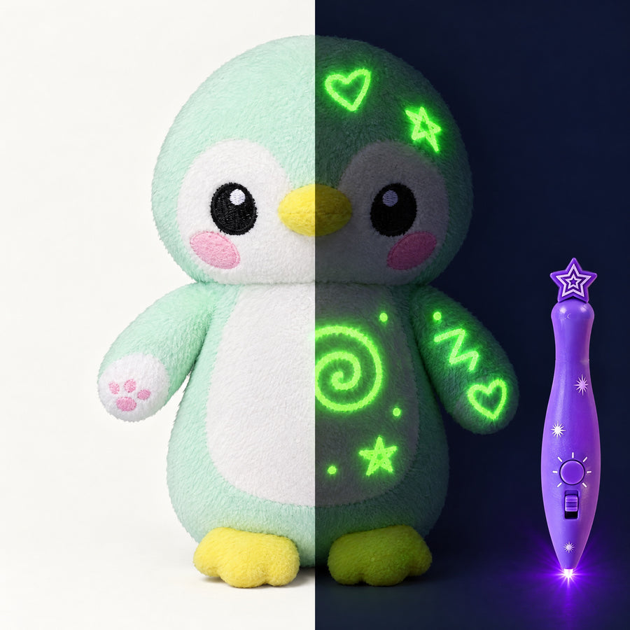 Mint penguin plush in daylight and in the dark with glowing green doodles, next to its purple light pen